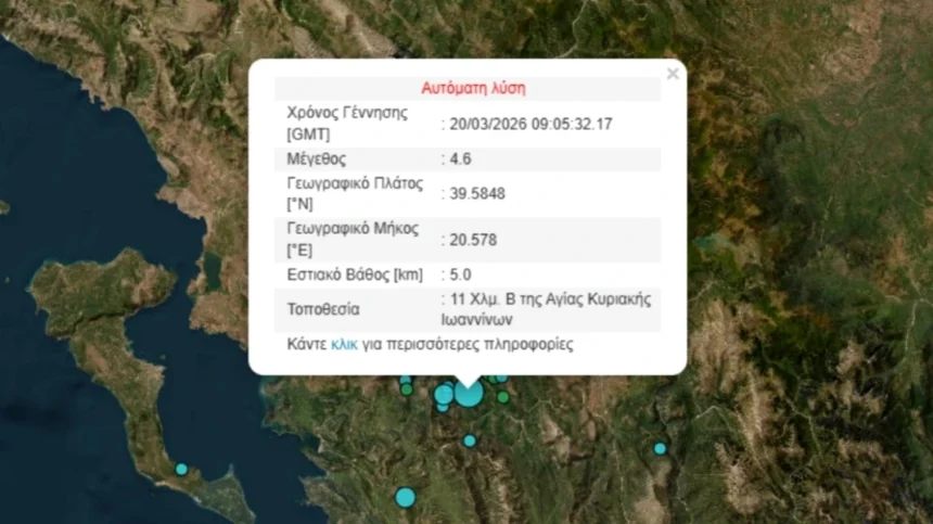 Σεισμός τώρα κοντά στα Γιάννενα