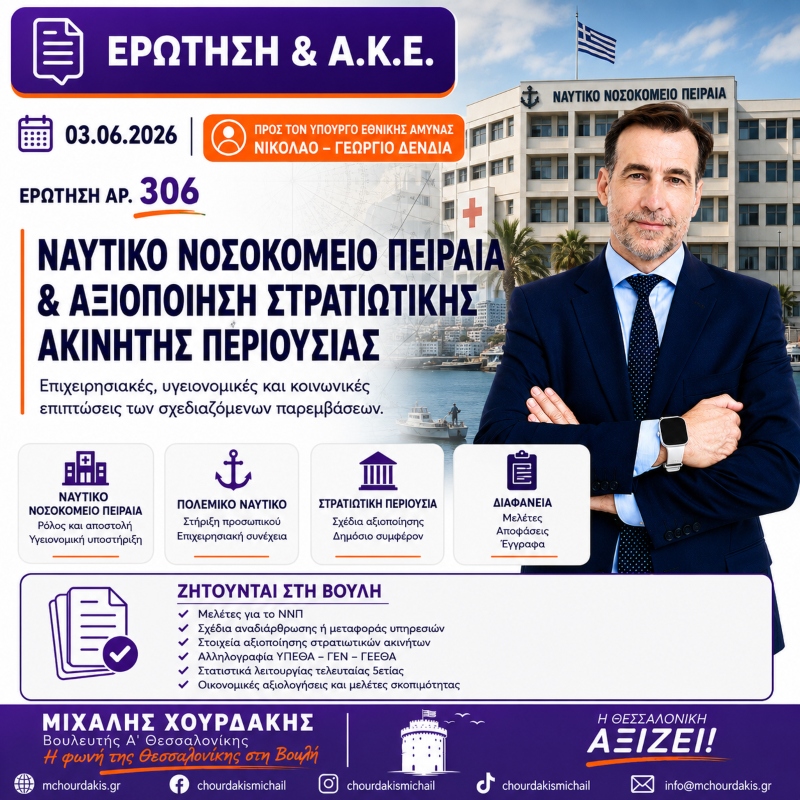 Μιχάλης Χουρδάκης: «Στη Βουλή το θέμα του Ναυτικού Νοσοκομείου Πειραιά και της αξιοποίησης της στρατιωτικής περιουσίας »